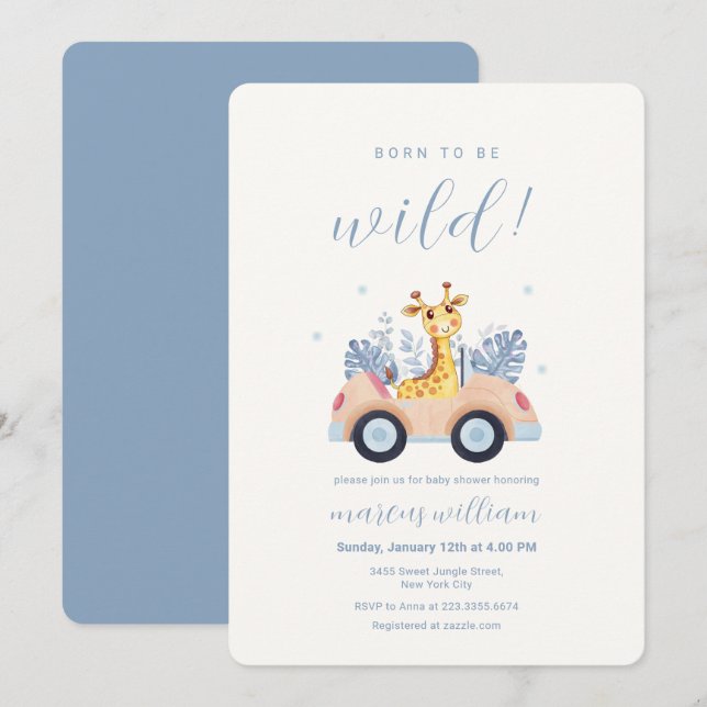 Convites Blue Born To Be Wild Safari Giraffe Baby Shower (Frente/Verso)