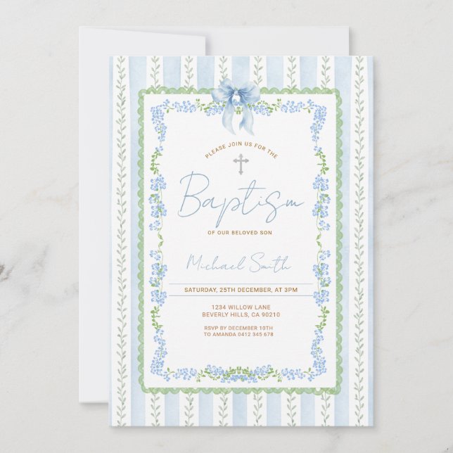 Convites Blue Botanical Baptism Invitation Boy Christening (Frente)