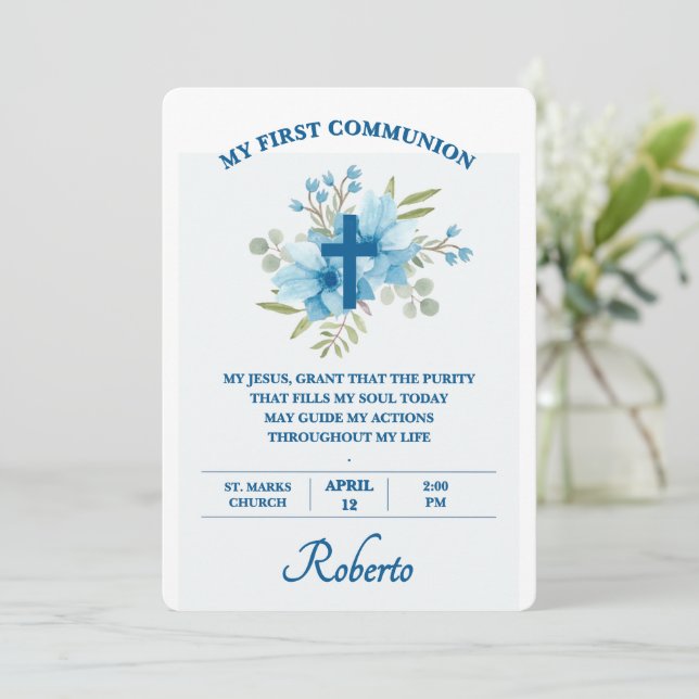 Convites Blue Botanical Cross First Holy Communion  (Em pé/Frente)