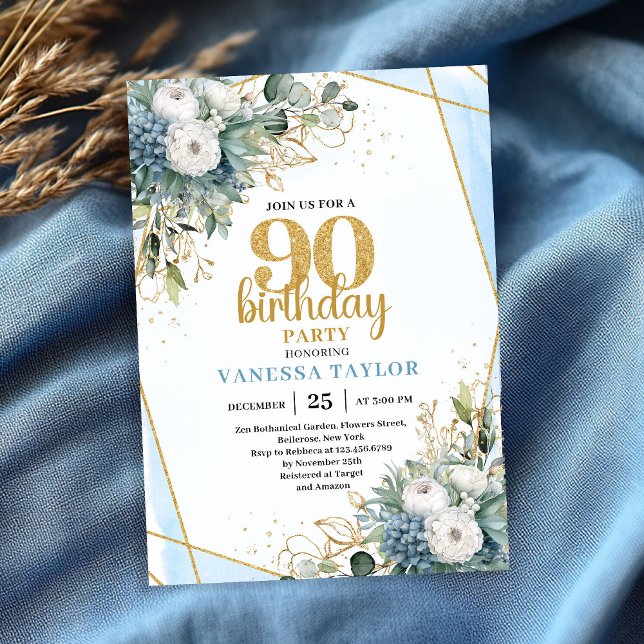 Convites Blue Botanical Gold Frame 90th Birthday Invite (Blue Botanical Gold Frame 90th Birthday Invite)