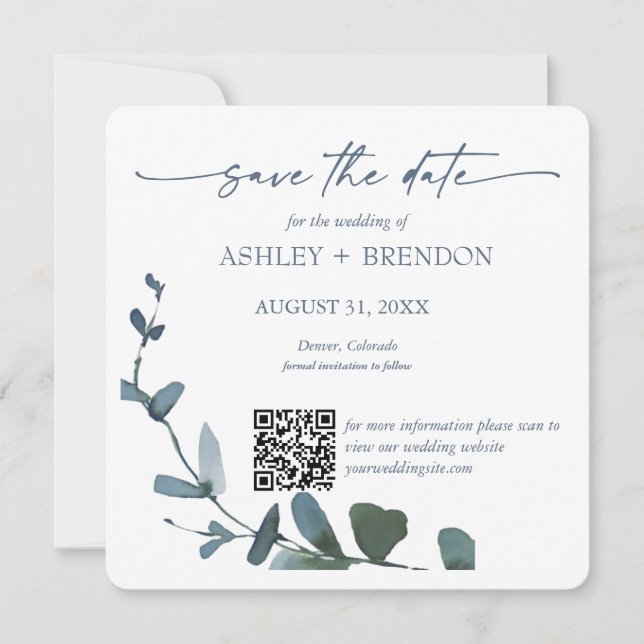 Convites Blue Botanical Leaf Save the Date w/QR Code+Image (Frente)