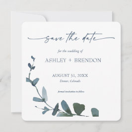 Convites Blue Botanical Leaf Save the Date w/QR Code+Image