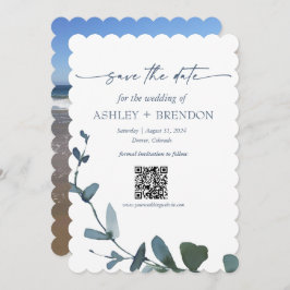 Convites Blue Botanical Leaf Save the Date w/QR + Image