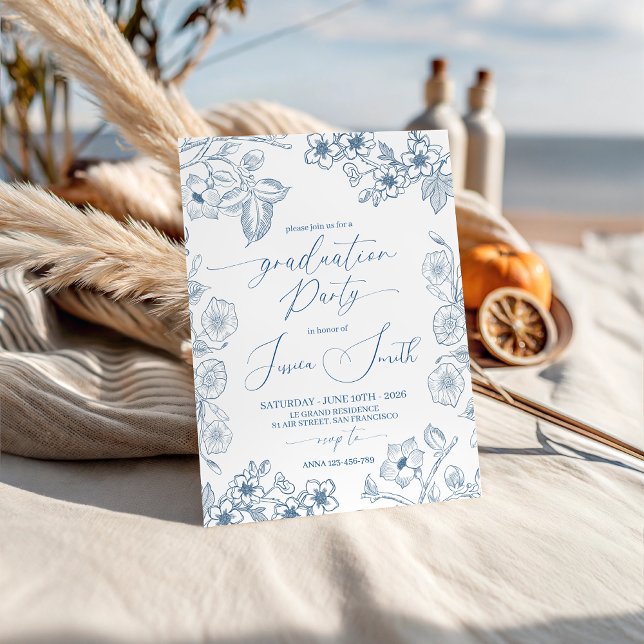 Convites Blue Botanical Line Art Graduation Invite (Criador carregado)