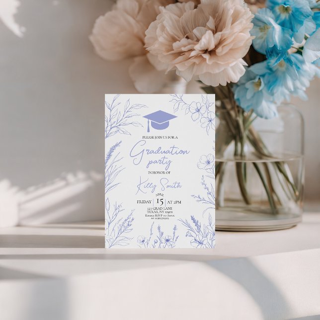 Convites Blue Botanical Sketch Graduation Invite (Criador carregado)