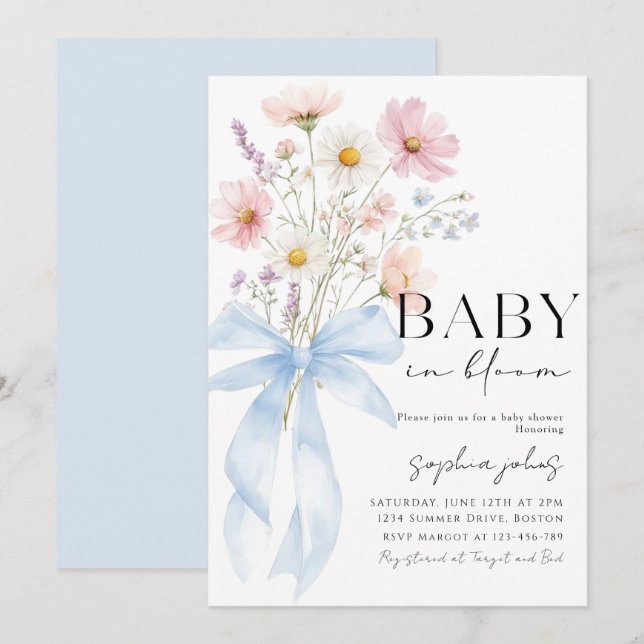 Convites Blue Bow Baby in Bloom Boy Baby Shower Invitation (Frente/Verso)
