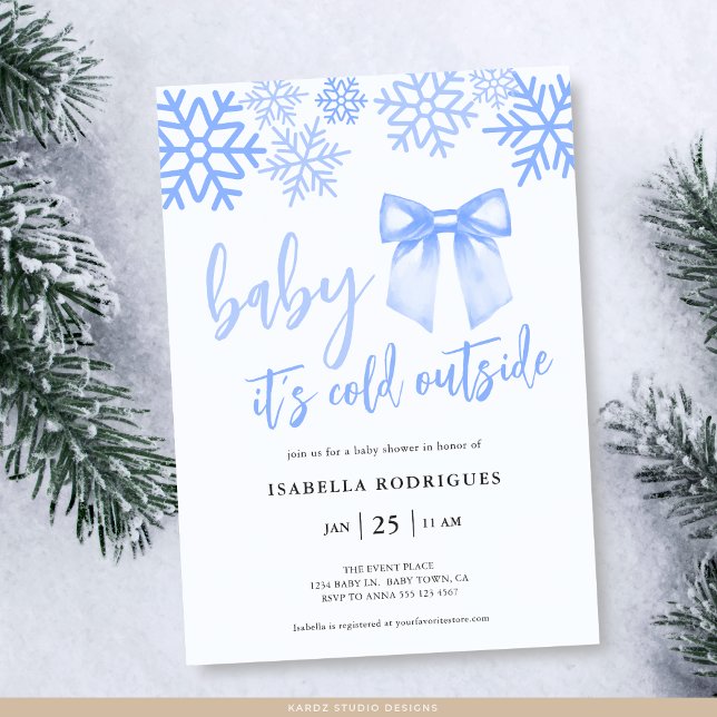 Convites Blue Bow Baby Its Cold Outside Baby Shower (Front of invite shown in 5 x 7 inches with square corners. Personalize, choose corner + paper style.)