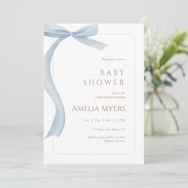 Convites Blue Bow Baby Shower Invitation Minimal Watercolor (Em pé/Frente)