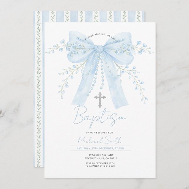 Convites Blue Bow Baptism Boy Christening with Cross (Frente/Verso)