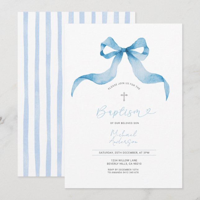 Convites Blue Bow Baptism Invitation Baby Boy Baptism  (Frente/Verso)