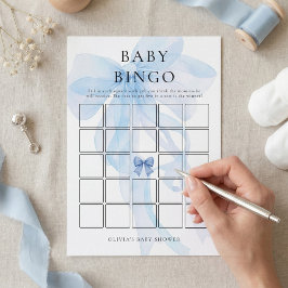 Convites Blue Bow Bingo Baby Shower Game Card