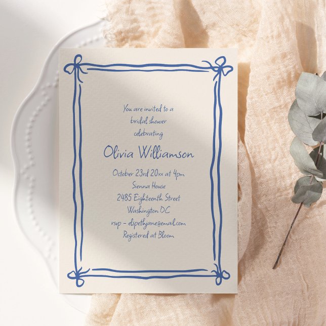 Convites Blue Bow Border Bridal Shower Cornflower (Criador carregado)