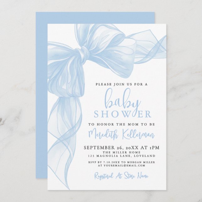 Convites Blue Bow Boy Baby Shower (Frente/Verso)