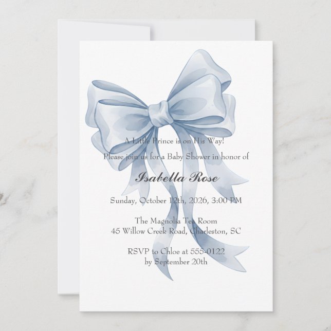 Convites Blue Bow Boy Baby Shower Invitation Coquette (Frente)