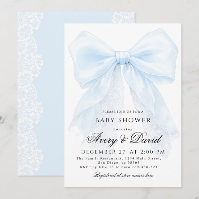 Convites Blue Bow boy Modern Baby Shower  (Frente/Verso)