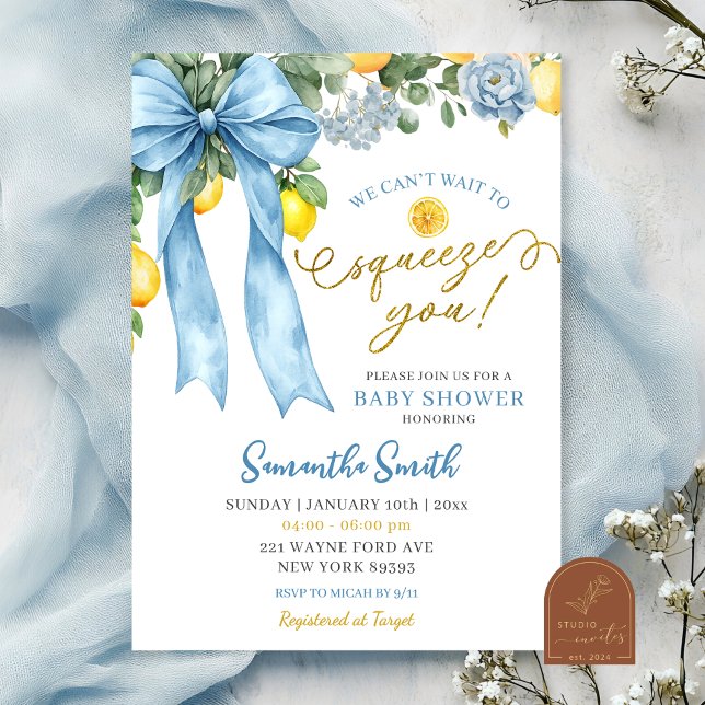 Convites Blue Bow Can't Wait to Squeeze You Baby Shower (Criador carregado)