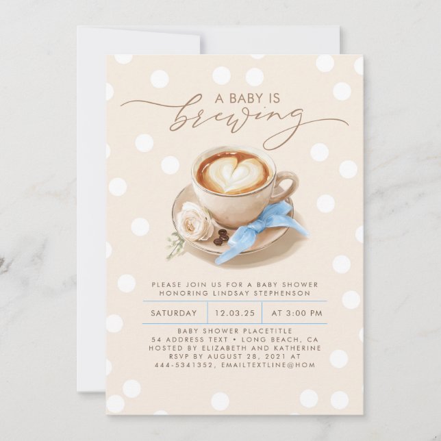 Convites Blue Bow Coffee Baby Is Brewing Boy Baby Shower (Frente)