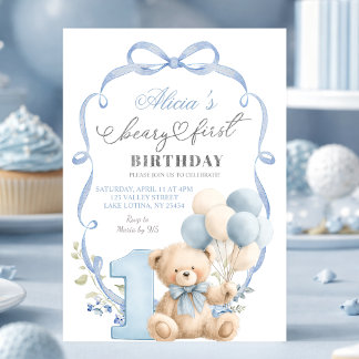 Convites Blue Bow Coquette Beary First Birthday
