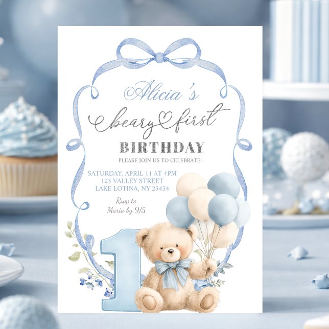 Convites Blue Bow Coquette Beary First Birthday (Criador carregado)