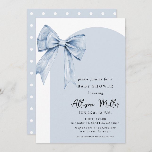 Convites Blue Bow Coquette Boy Baby Shower  (Frente/Verso)