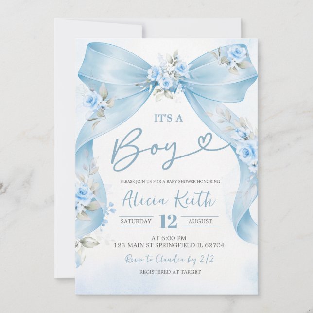 Convites Blue Bow Coquette Boy baby shower Invitation (Frente)