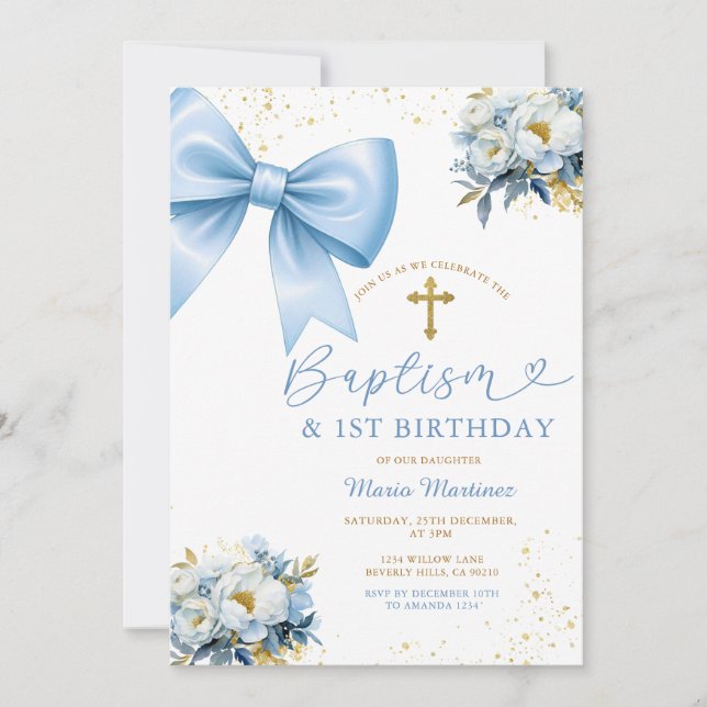 Convites Blue Bow Coquette Girl Baptism and Birthday Floral (Frente)