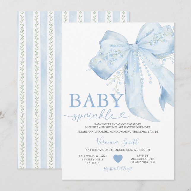 Convites Blue Bow Cute Pearls Coquette Baby Shower (Frente/Verso)