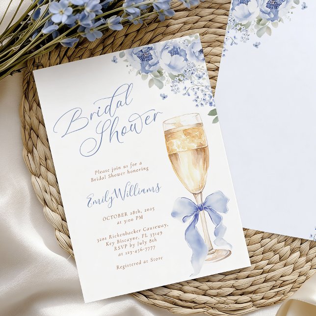 Convites Blue Bow Floral Champagne Bridal Shower Invitation (Criador carregado)