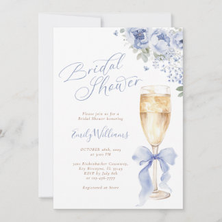 Convites Blue Bow Floral Champagne Bridal Shower Invitation