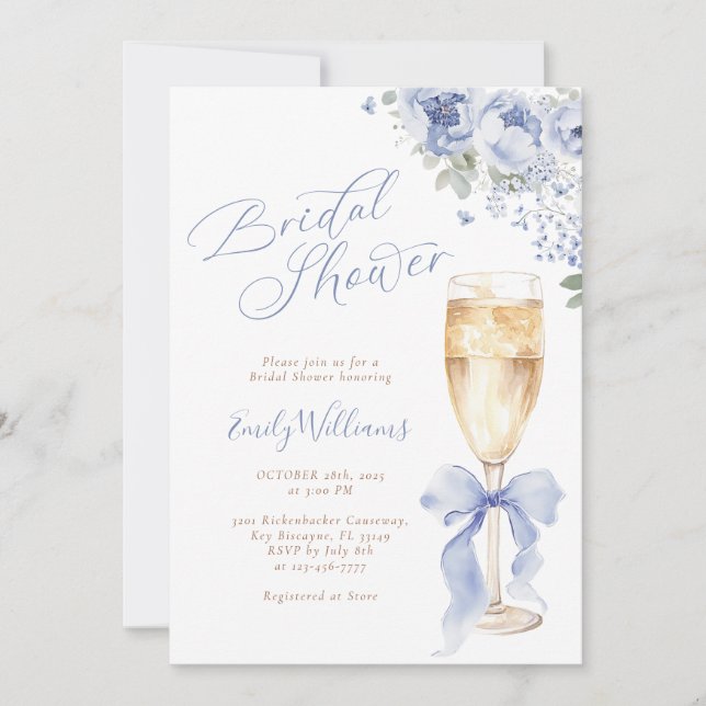 Convites Blue Bow Floral Champagne Bridal Shower Invitation (Frente)