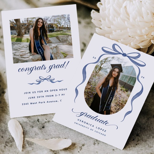 Convites Blue Bow Graduation Open House Party Invitation (Criador carregado)