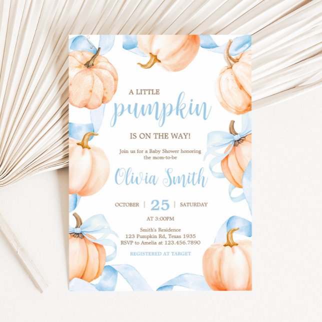 Convites Blue Bow Pumpkin Baby Shower (Blue Bow Pumpkin Baby Shower invitation)
