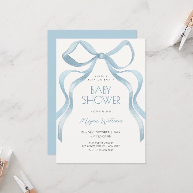 Convites Blue Bow ribbon baby shower (Frente/Verso In Situ)