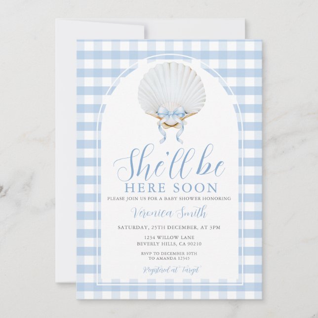 Convites Blue Bow She'll Be Here Soon Sea Shell Baby Shower (Frente)