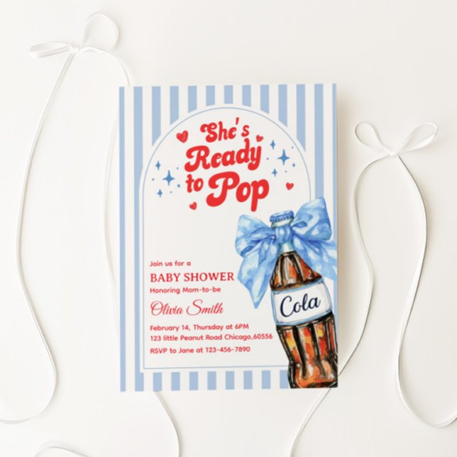 Convites Blue Bow She's Ready to Pop Baby Shower Invitation (Criador carregado)