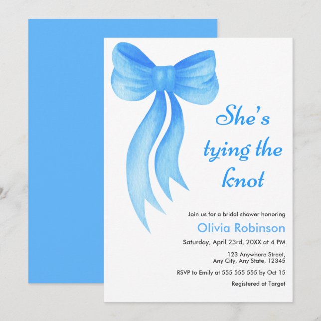 Convites Blue Bow She's Tying the Knot Bridal Shower  (Frente/Verso)