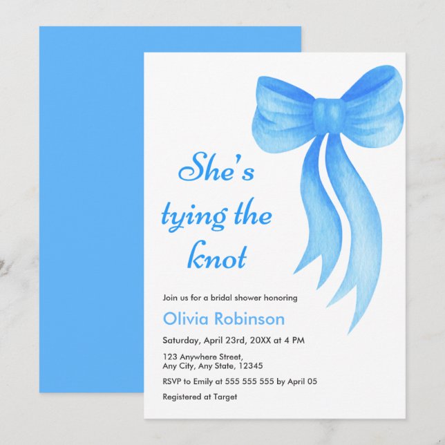Convites Blue Bow She's Tying the Knot Bridal Shower  (Frente/Verso)