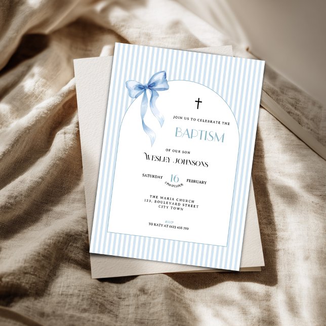 Convites Blue Bow Striped Baptism Invitation for Boys (Blue pink baptism invitation for boys)