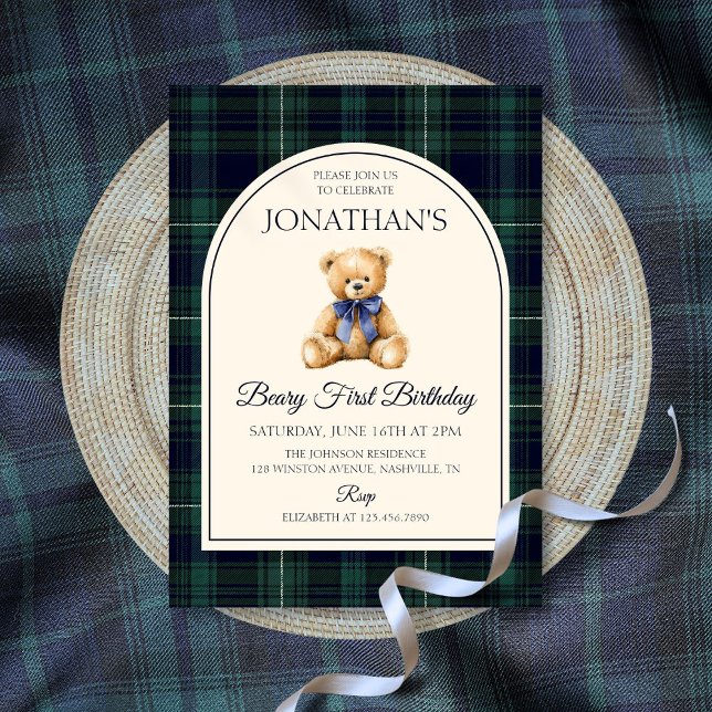 Convites Blue Bow Teddy Bear Tartan Birthday (Blue Bow Teddy Bear Tartan Birthday Invitation)