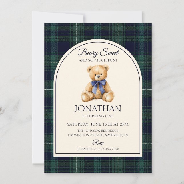 Convites Blue Bow Teddy Bear Tartan Birthday (Frente)