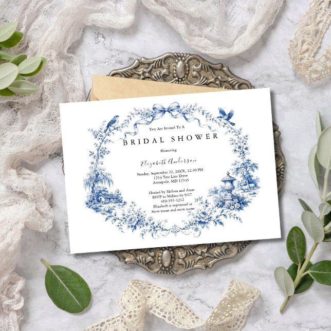 Convites Blue Bow Toile Garden Bridal Shower  (Blue Bow Blue White Toile Watercolor Florals Bridal Shower Invitation. Printed or Digital)