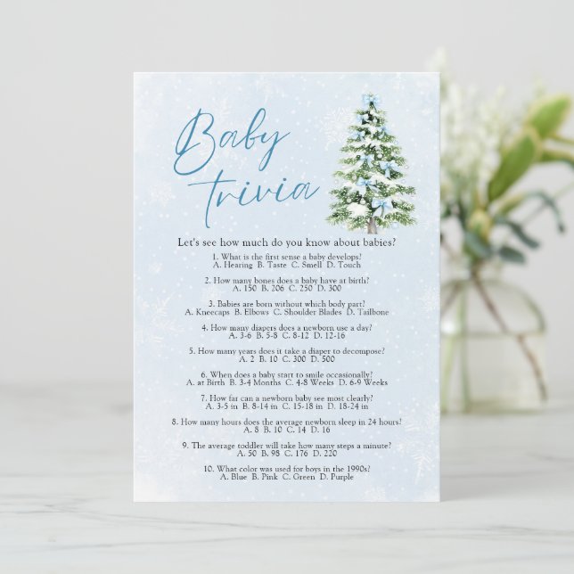 Convites Blue Bows Christmas Baby Shower Baby Trivia Game (Em pé/Frente)