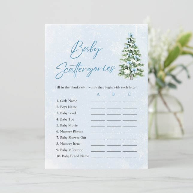 Convites Blue Bows Christmas Baby Shower Scattergories Game (Em pé/Frente)
