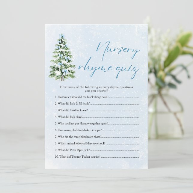 Convites Blue Bows Christmas Nursery Rhyme Quiz Baby Shower (Em pé/Frente)