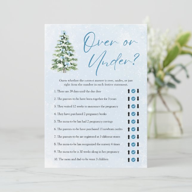 Convites Blue Bows Christmas Over Or Under Baby Shower Game (Em pé/Frente)