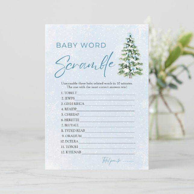 Convites Blue Bows Christmas Tree Baby Word Scramble Game (Em pé/Frente)