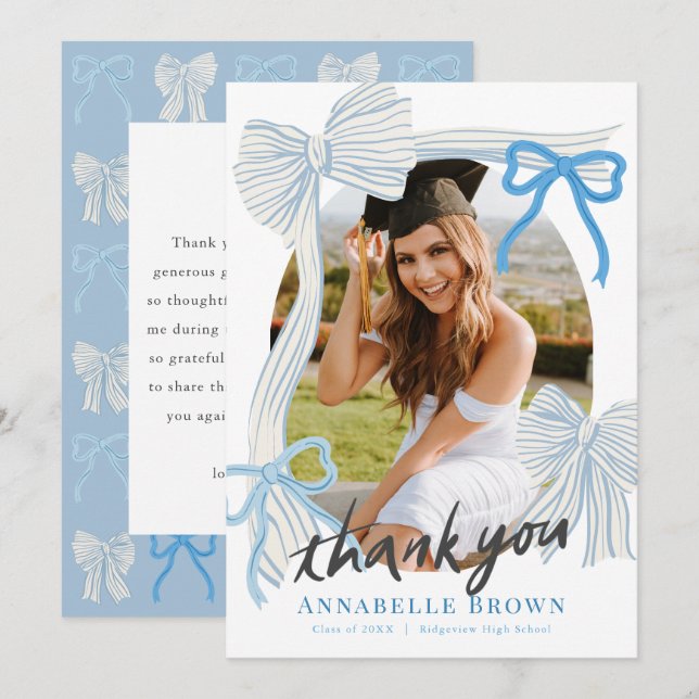 Convites Blue Bows Photo Graduation Thank You Card (Frente/Verso)