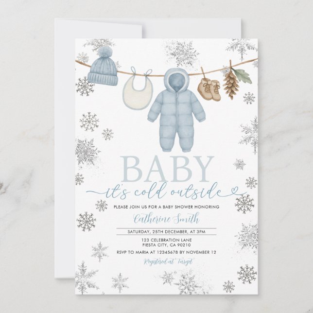 Convites Blue Boy Baby Está Frio Fora do Chá de fraldas (Frente)