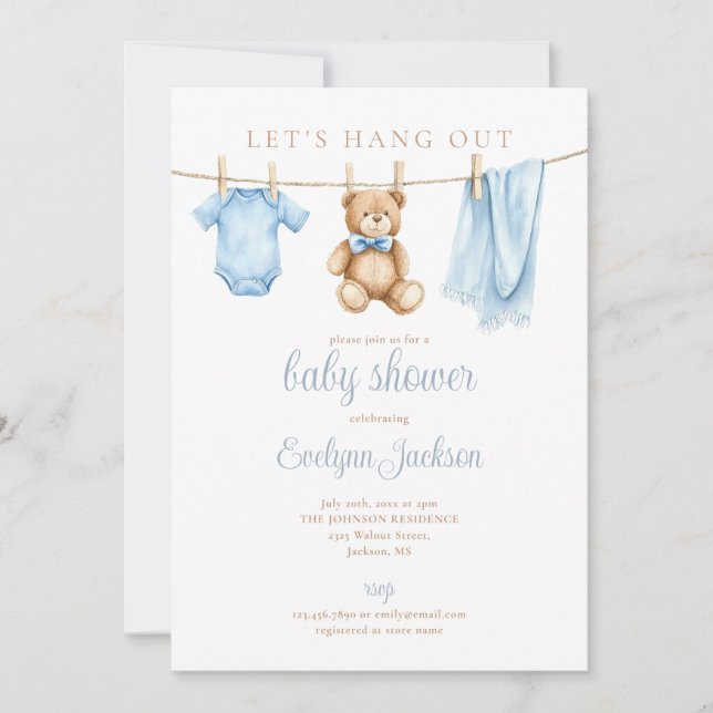 Convites Blue Boy Clothesline Baby Shower All In One (Frente)
