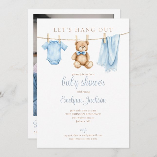 Convites Blue Boy Clothesline Baby Shower Photo QR Code (Frente/Verso)